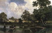 Paysage d ete avec vaches dans la mare